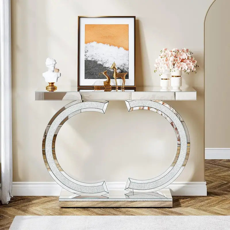 Console argentée, table d’entrée avec miroir de 39 pour l’entrée