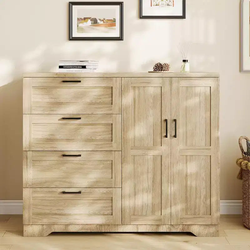 Holzkleiderschrank, 43.3 H hoch, mit 4 Schubladen und Kleiderstange, vielseitiger Kleiderschrank mit Kommode fürs Schlafzimmer
