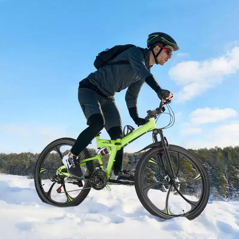 Vélo de montagne pliant de 26 avec suspension intégrale, transmission à 21 vitesses, freins à disque et cadre en acier à haute teneur en carbone pour hommes et femmes adultes