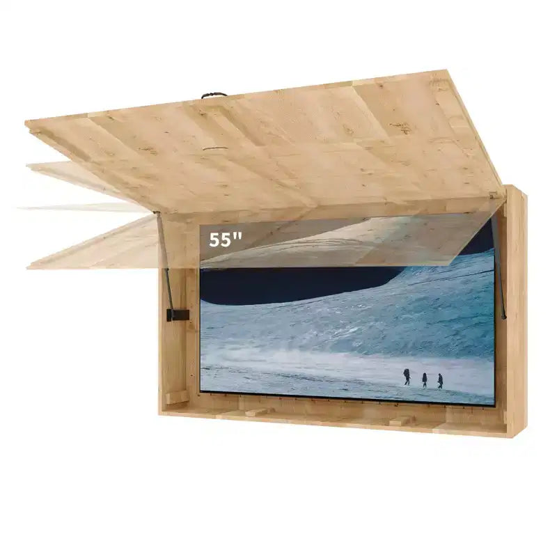 Abri pour téléviseur d’extérieur de 55 in, protection étanche en bois massif avec support réglable 4D et porte rabattable (compatible avec les téléviseurs de 44-55 in)