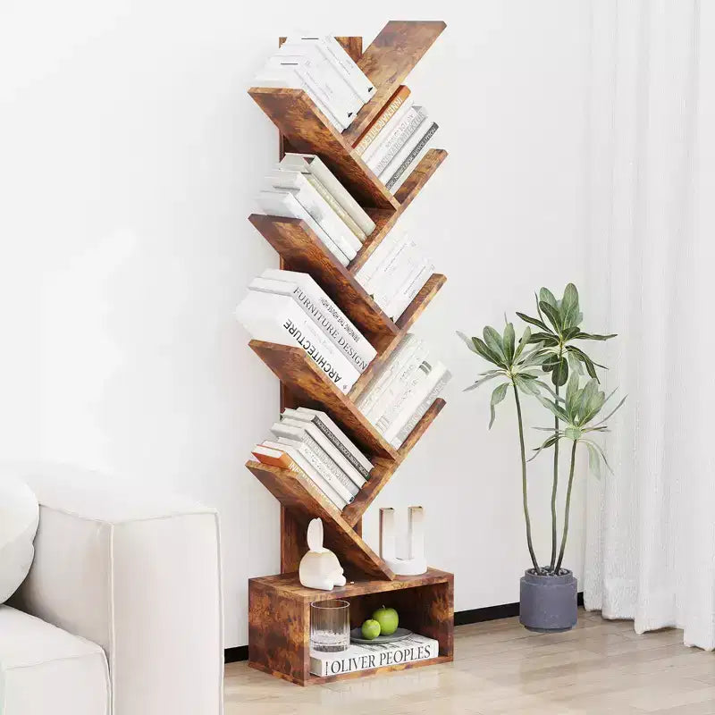 Baumförmiges Bücherregal mit 8 Ebenen, offenes Regal im rustikalen Stil, ideal für Wohnzimmer, Schlafzimmer und Büros