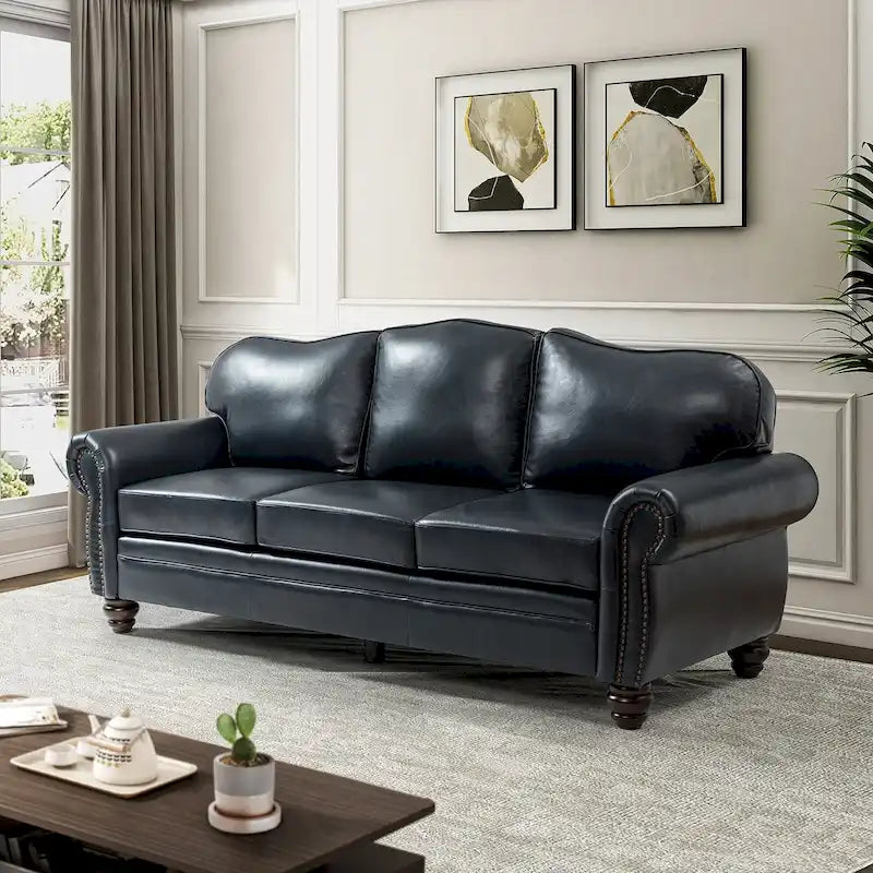 Balvino Sofa mit 81 cm Breite, im Übergangsstil, aus echtem Leder, mit gerollten Armlehnen, Nagelkopfbesatz und abnehmbaren Kissen