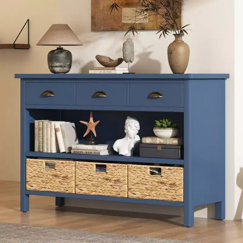 Tavolo consolle da ingresso con contenitore, tavolo da corridoio stile rustico con 3 cassetti e 3 cesti in giacinto d’acqua per soggiorno o ingresso - Panipeachy