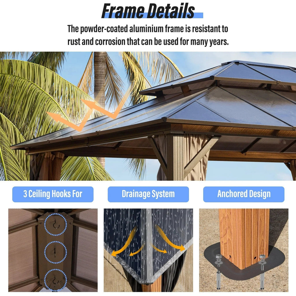 EROMMY hardtop-paviljoen, pergola voor buiten met dubbel dak, netten en gordijnen, extra stevig zonnescherm voor terras, achtertuin en zwembadfeest