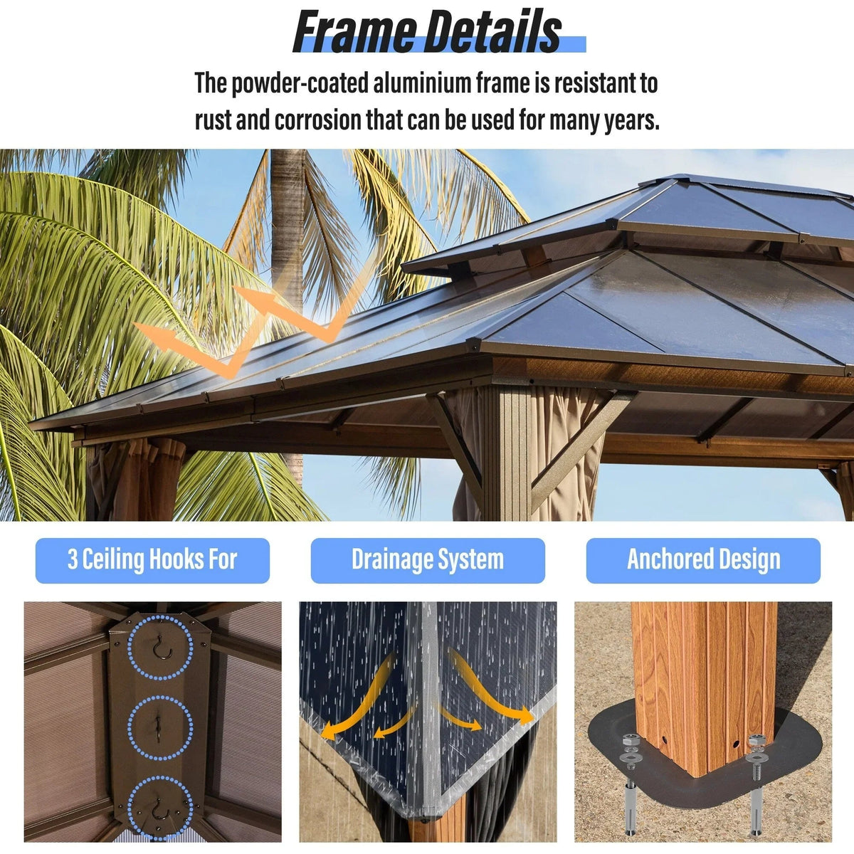 EROMMY hardtop-paviljoen, pergola voor buiten met dubbel dak, netten en gordijnen, extra stevig zonnescherm voor terras, achtertuin en zwembadfeest