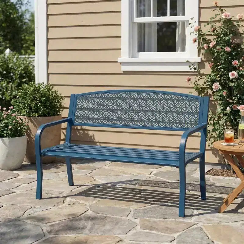 Banc d’extérieur en métal pour 2 personnes, mobilier de jardin en acier avec dossier géométrique pour patio, jardin et véranda