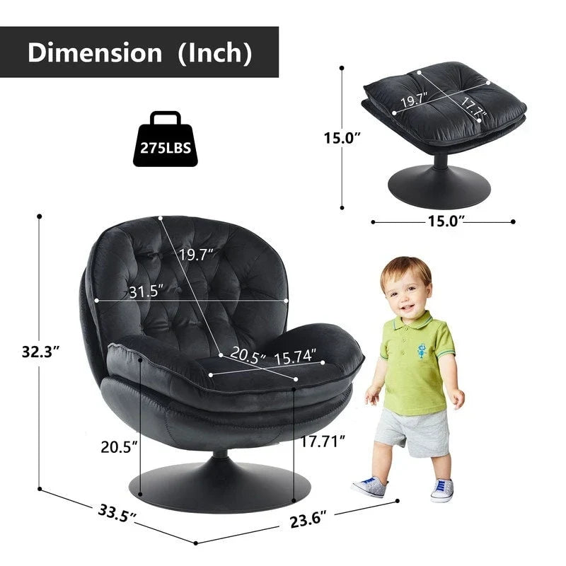 Fluwelen draaifauteuil met voetenbank, ronde leesfauteuil met voetenbankset, 360 draaibaar, metalen frame