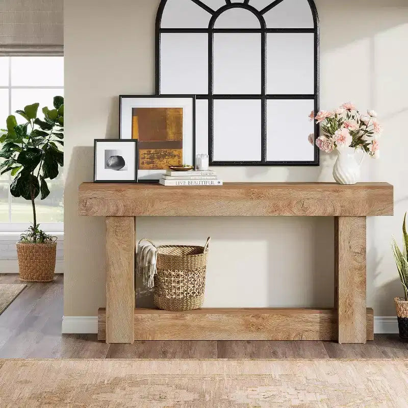 Houten consoletafel van 62.99 inch, smalle, lange boerderijtafel voor de hal met 2 niveaus