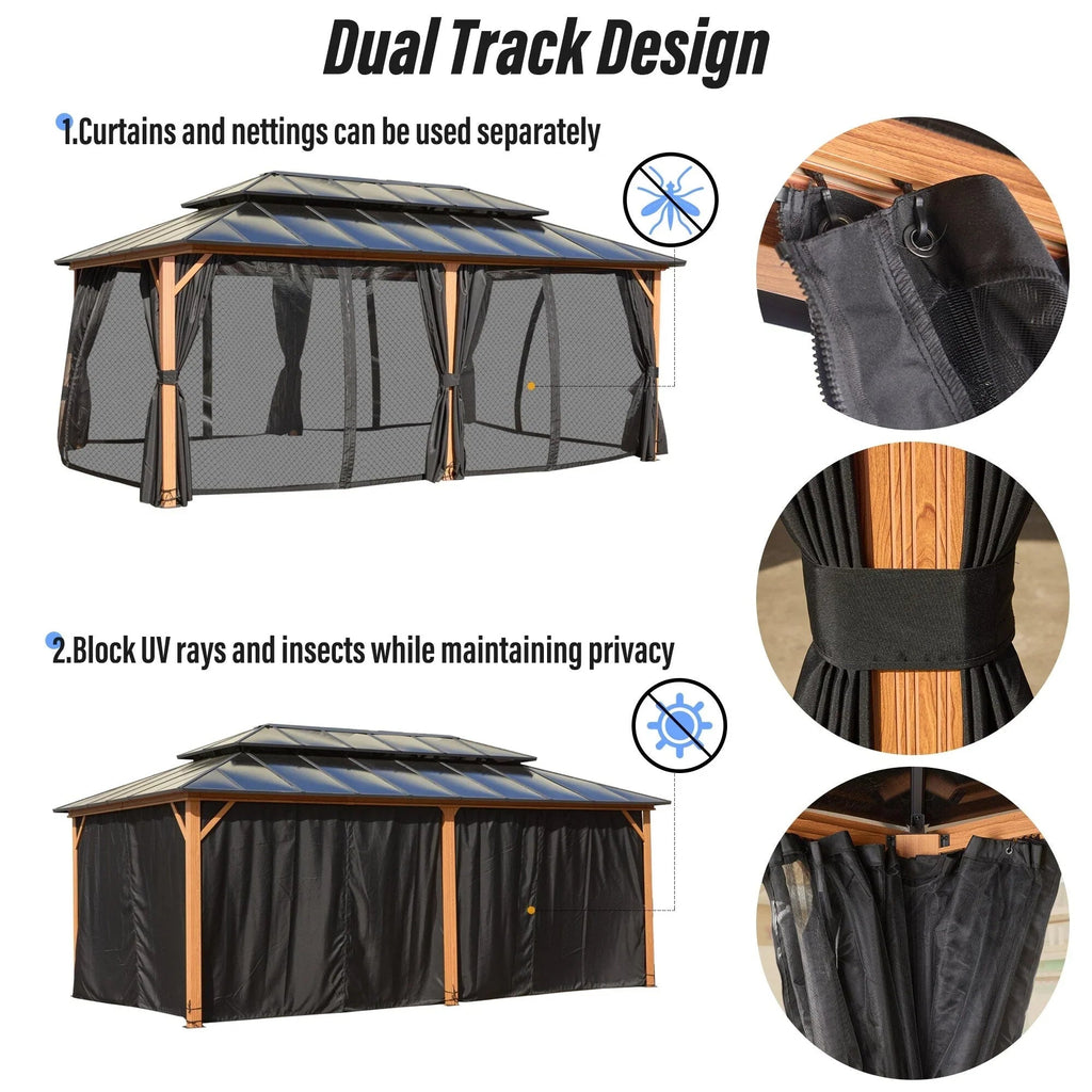 EROMMY hardtop-paviljoen, pergola voor buiten met dubbel dak, netten en gordijnen, extra stevig zonnescherm voor terras, achtertuin en zwembadfeest