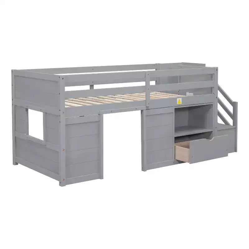 94.6L x 42.3W niedriges Hochbett aus Massivholz in Einzelgröße mit Treppe, Schublade und Regal, modernes und schlichtes Design