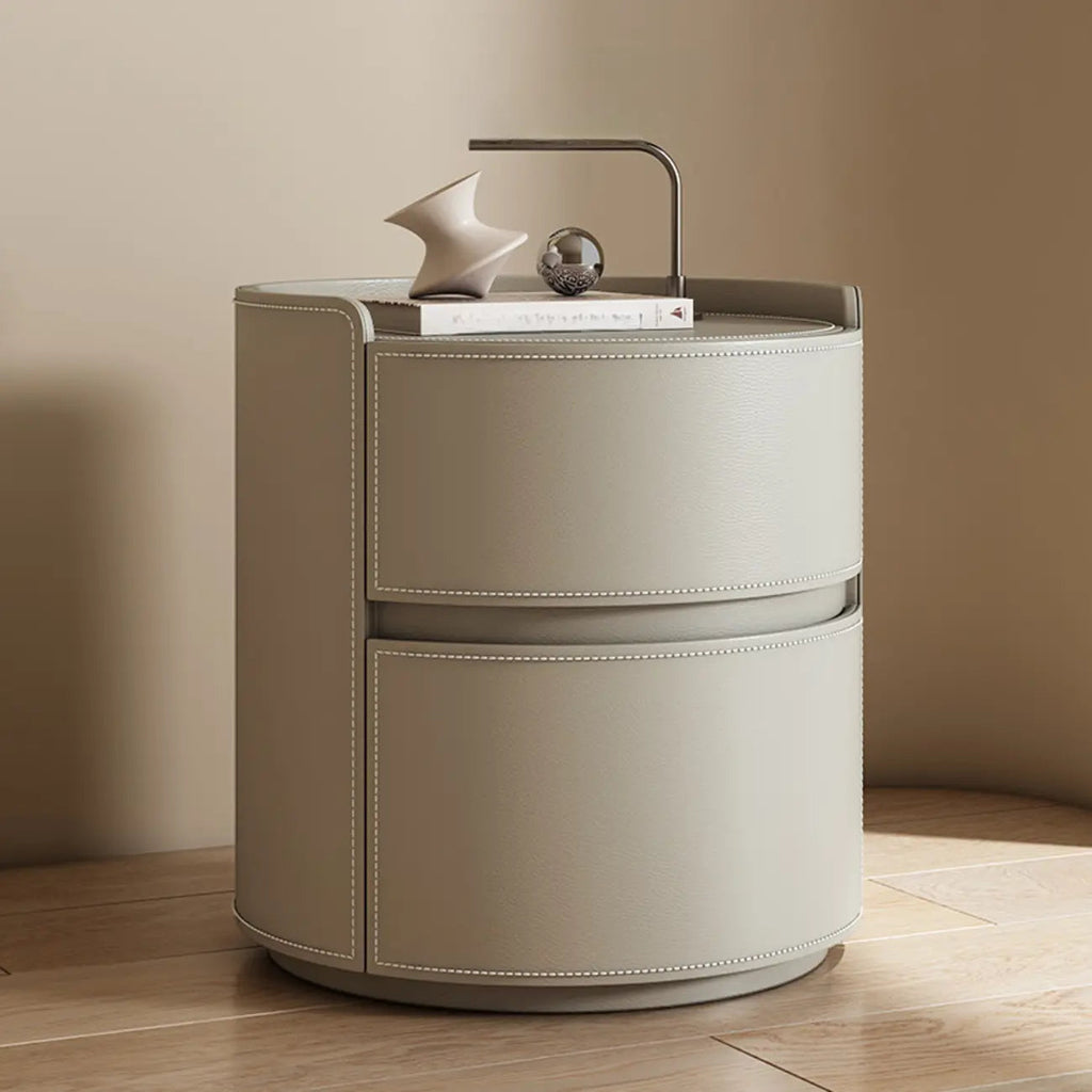 Comodino rotondo moderno con vassoio in pelle e 2 cassetti