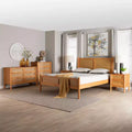 Baxton Studio Jenn Japandi-slaapkamersset van 5 delen in goudbruin hout, queensize, met rotan met verweerde afwerking