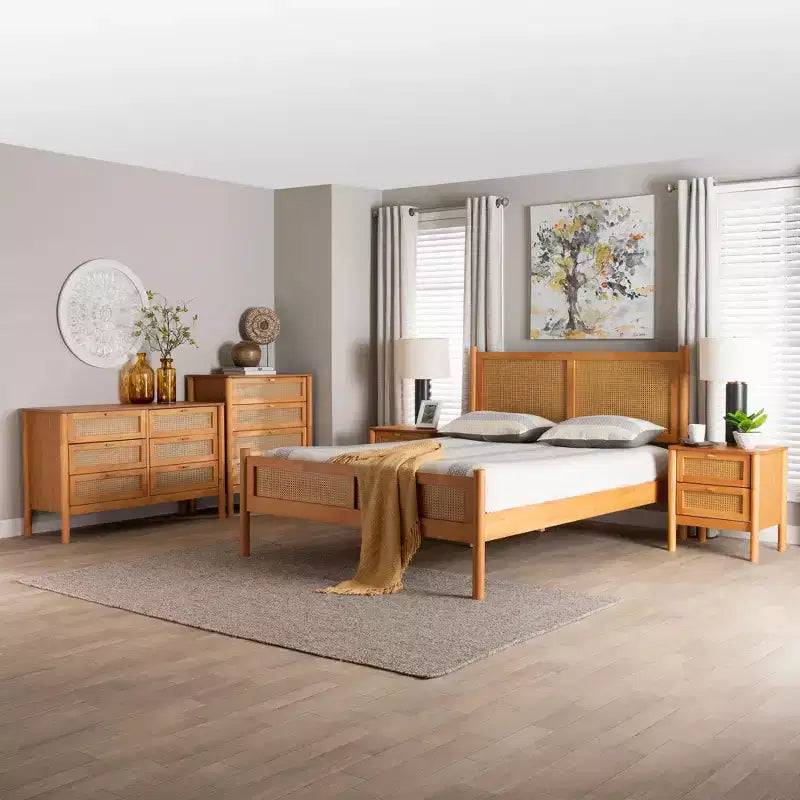 Baxton Studio Jenn Japandi-slaapkamersset van 5 delen in goudbruin hout, queensize, met rotan met verweerde afwerking