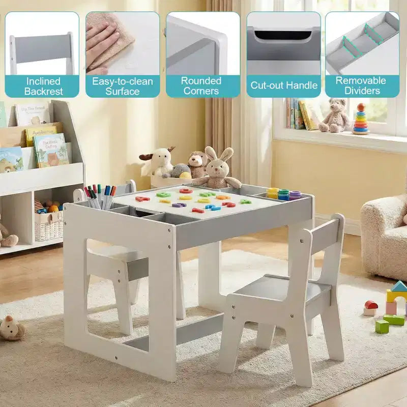 Costway multifunktionales Kindertisch- und 2-Stühle-Set mit abnehmbarer, doppelt großer Tischplatte, Grau + Weiß/Natur + Weiß
