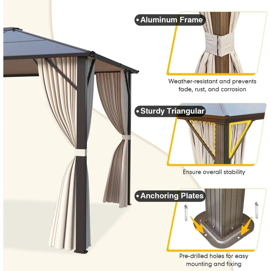 EROMMY hardtop-paviljoen, pergola voor buiten met dubbel dak, netten en gordijnen, extra stevig zonnescherm voor terras, achtertuin en zwembadfeest