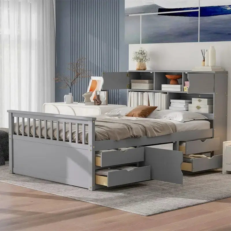 Letto a piattaforma Captain singolo/matrimoniale con 4 cassetti e ripiani contenitori, struttura in legno massello con testiera libreria contenitore