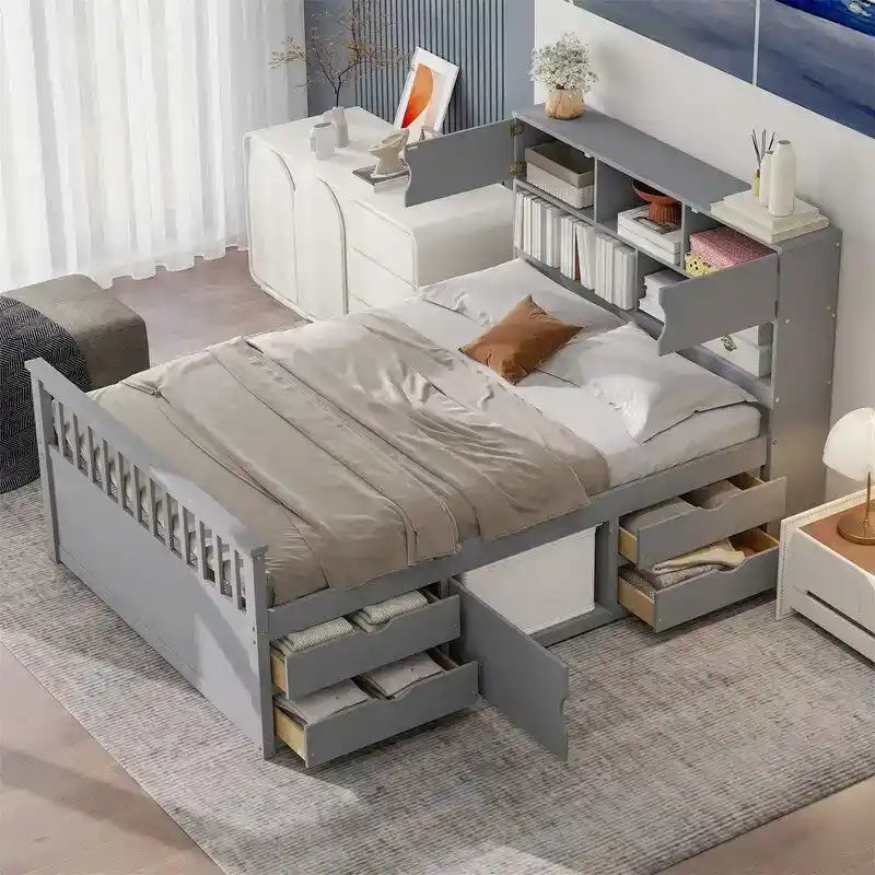 Letto a piattaforma Captain singolo/matrimoniale con 4 cassetti e ripiani contenitori, struttura in legno massello con testiera libreria contenitore
