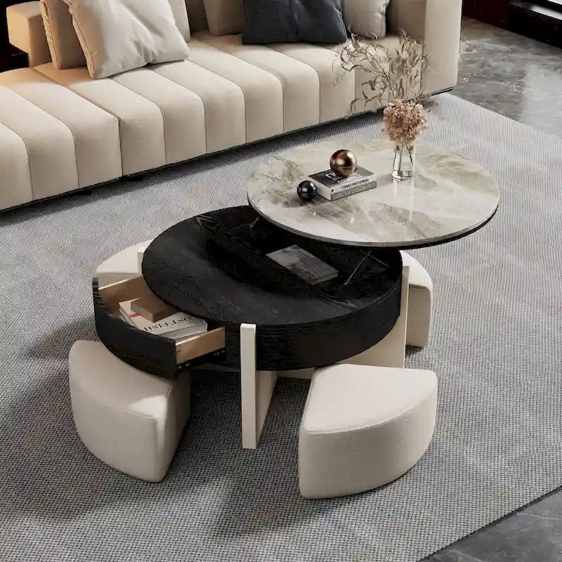 Table basse moderne de 31.5, table basse à plateau relevable avec 3 poufs, noire - 31.5 X 31.5