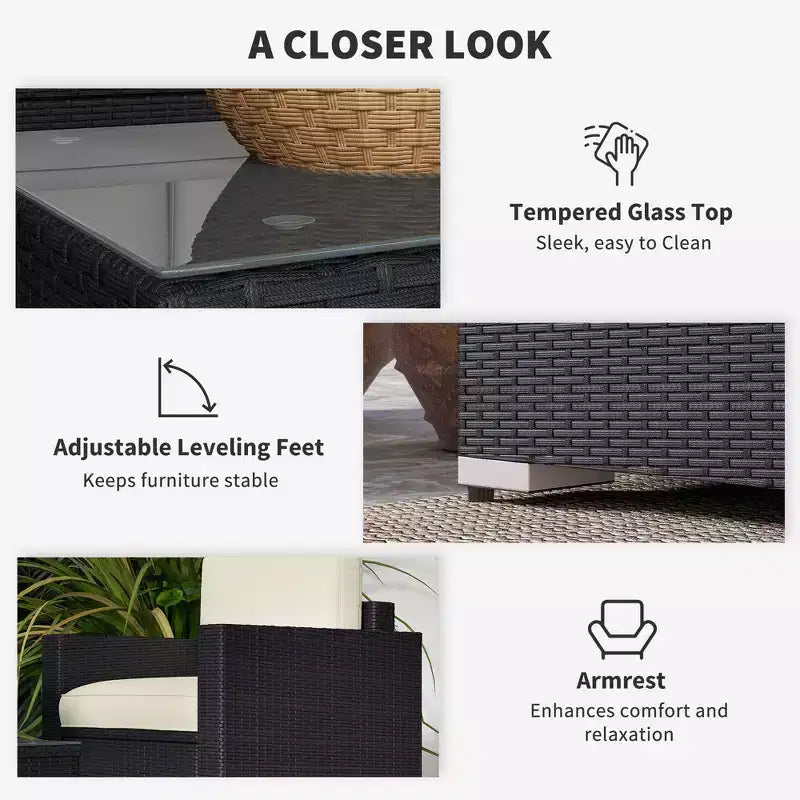 4-teiliges Rattan-Sofaset, Patio-Sofaset aus Korbgeflecht mit Zweisitzersofa, Sesseln und Couchtisch mit Glasplatte für den Garten und Außenbereich