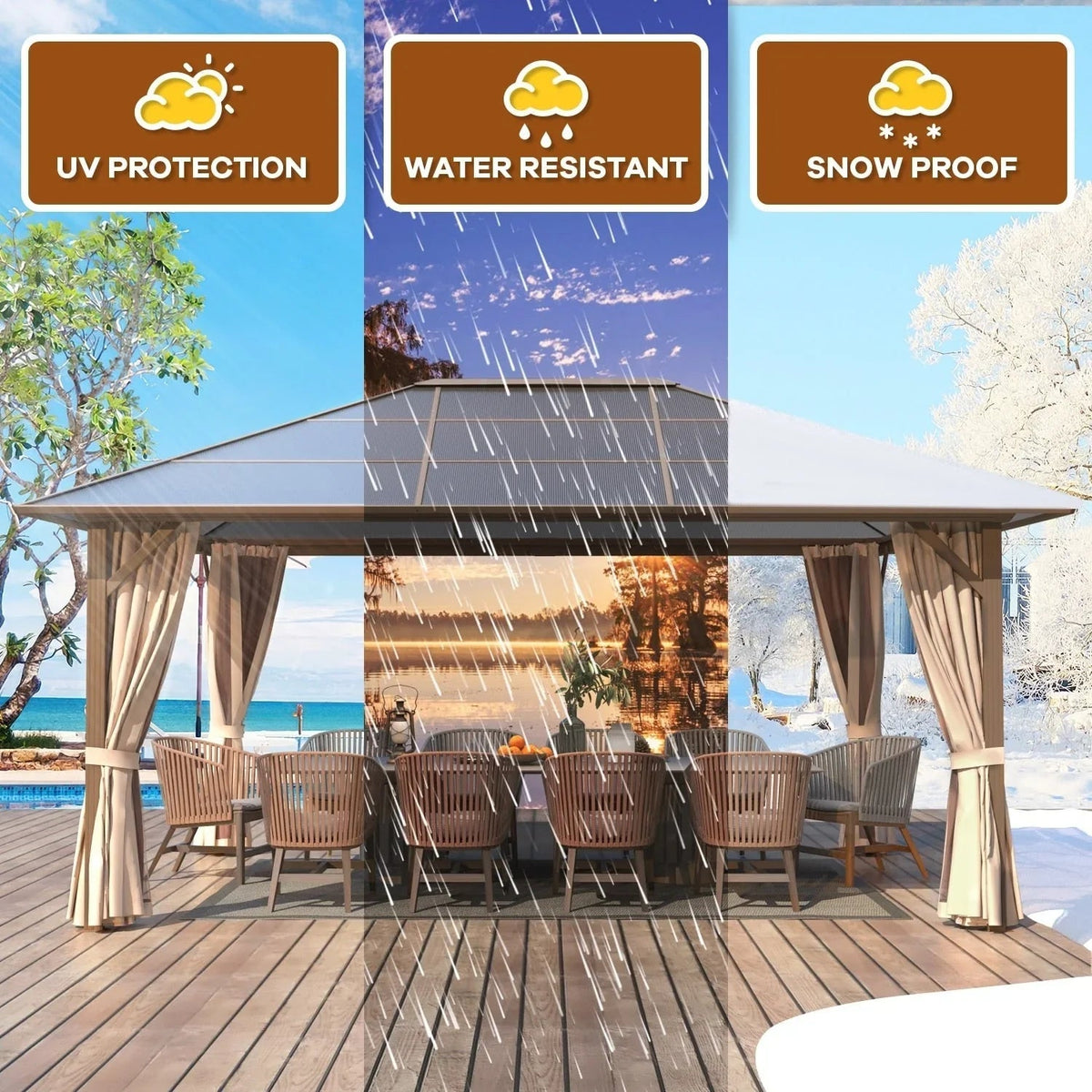 EROMMY hardtop-paviljoen, pergola voor buiten met dubbel dak, netten en gordijnen, extra stevig zonnescherm voor terras, achtertuin en zwembadfeest