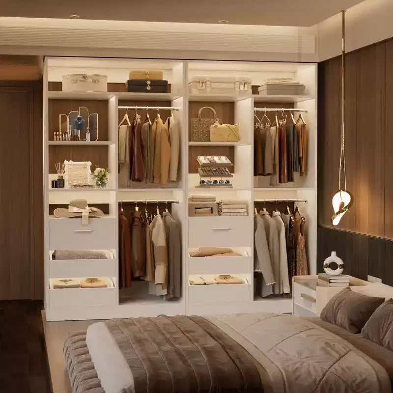 Organizer per armadio con cassetti in legno, sistema guardaroba indipendente con aste appendiabiti