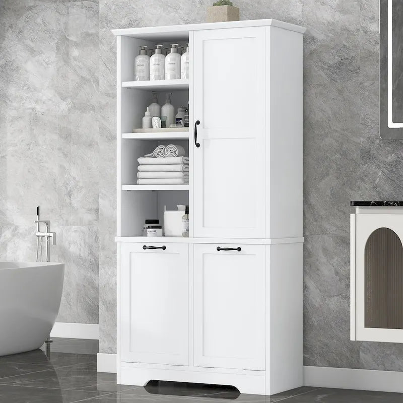Meuble de rangement de salle de bain avec tiroirs, panier à linge basculant, plusieurs espaces de rangement, étagère ouverte et étagère réglable