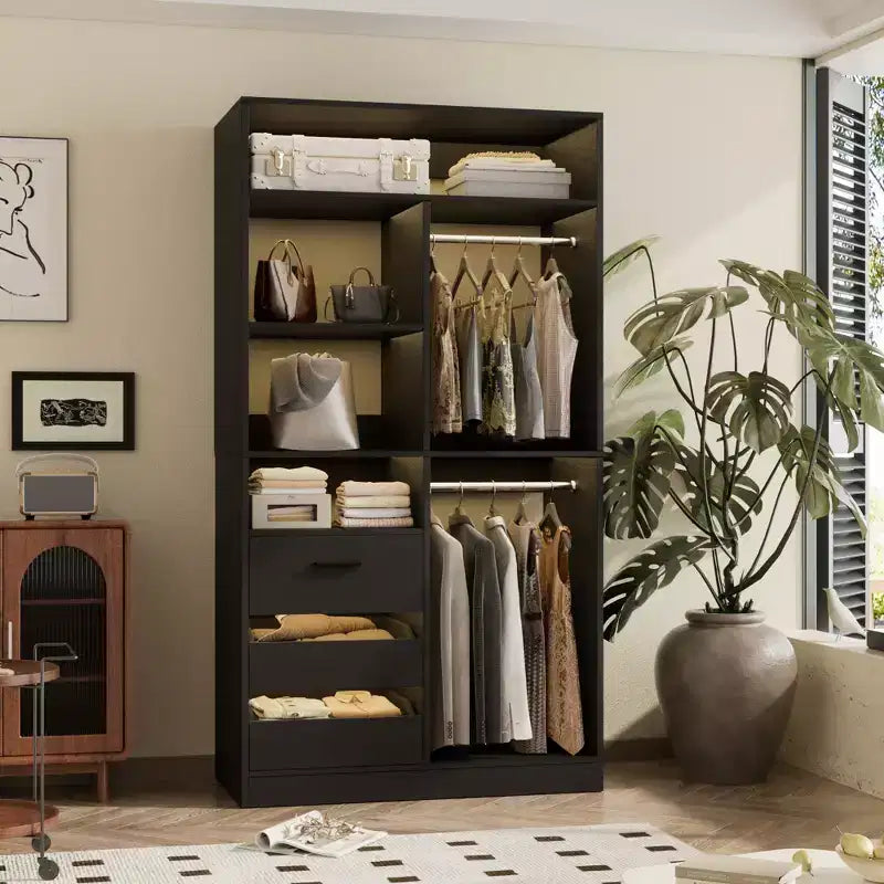 Organizer per armadio con cassetti in legno, sistema guardaroba indipendente con aste appendiabiti