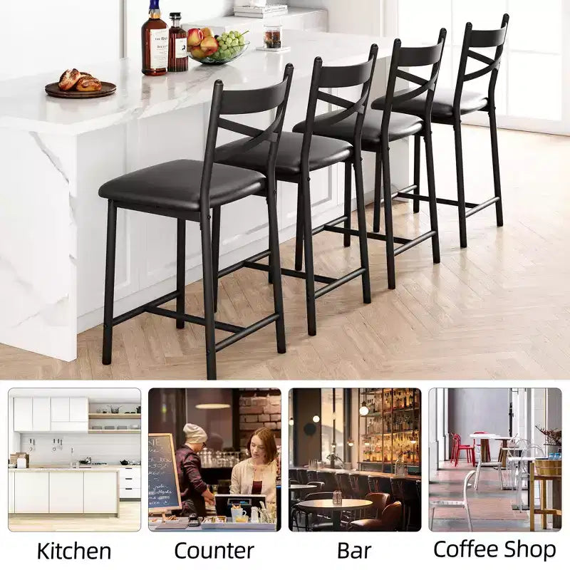 Barhocker, 4er-Set, Barstühle mit PU-Polsterung, Kücheninselstühle mit X-förmiger Rückenlehne und Metallfußstütze, schwarze Stühle in Thekenhöhe