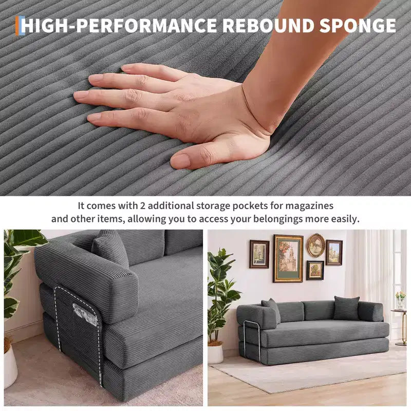 Modernes 79-Futon-Schlafsofa aus Cord für kleine Räume, 5-in-1-Couch mit abnehmbaren Armlehnen und Kissen