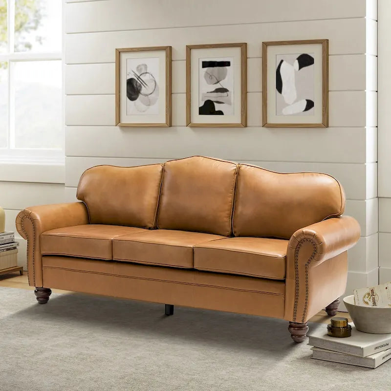 Balvino Sofa mit 81 cm Breite, im Übergangsstil, aus echtem Leder, mit gerollten Armlehnen, Nagelkopfbesatz und abnehmbaren Kissen