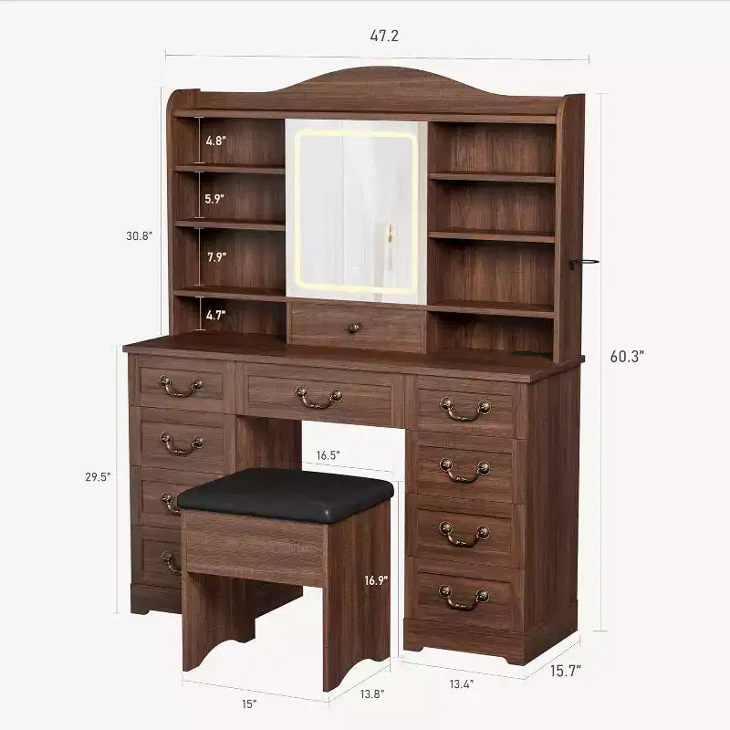 Toeletta con specchio e 10 cassetti, finitura noce, 10 ripiani e sgabello, per camera da letto, facile da montare