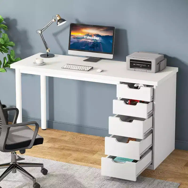 Bureau d’ordinateur Lantine avec 5 tiroirs, bureau moderne et sobre de 47 pouces pour le télétravail, les études et l’écriture, idéal pour les petits espaces
