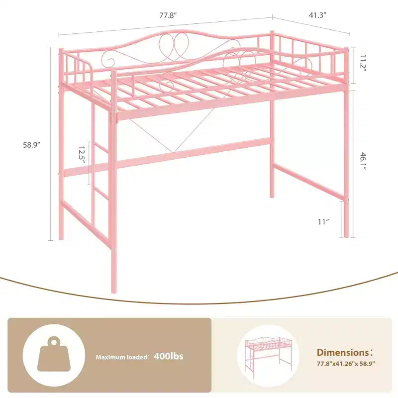 Hochbett in Einzelbettgröße mit abnehmbarer Leiter und umlaufendem Schutzgeländer, robustes Metallgestell, Belastbarkeit 400 lbs, platzsparend