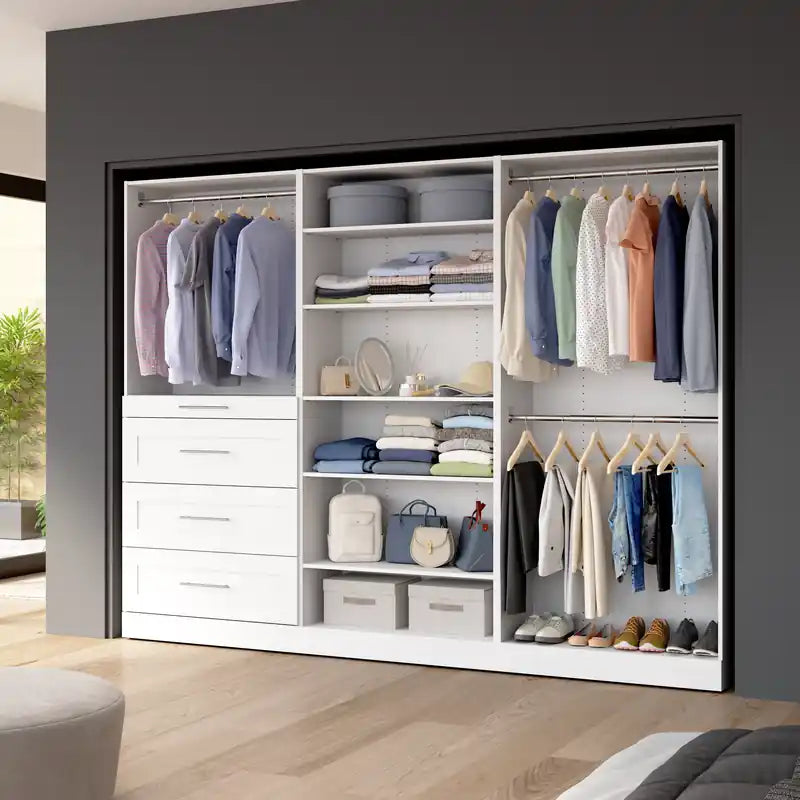 Sistema modulare per cabina armadio 107 con aste, ripiani e cassetti, stile Shaker