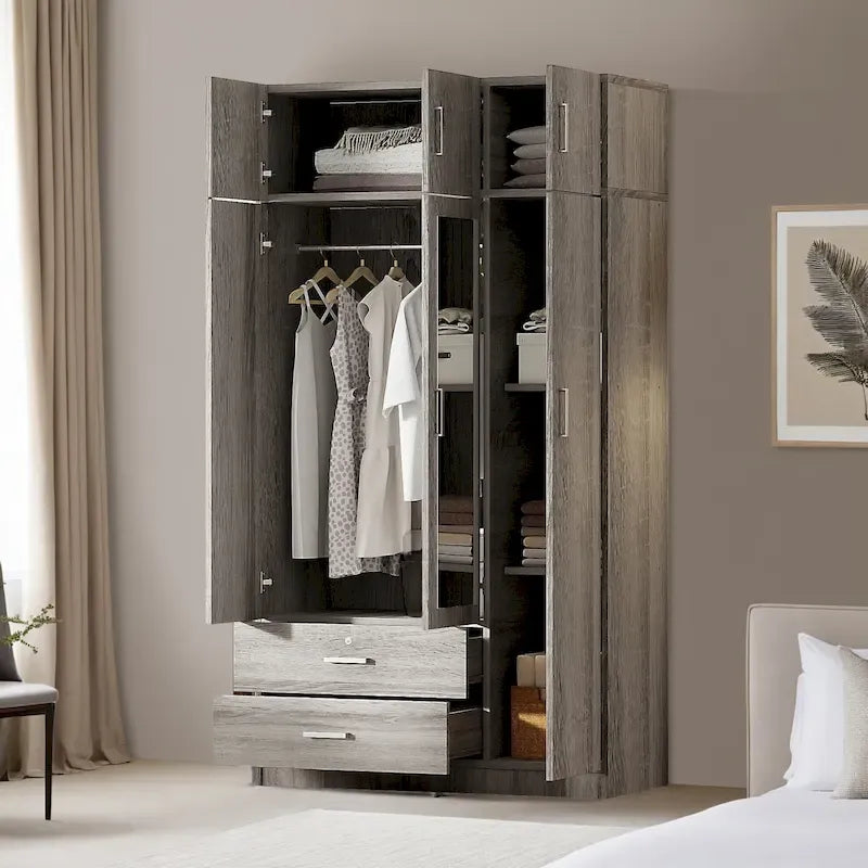 Armoire à 3 portes avec miroir, 2 tiroirs et placard supérieur