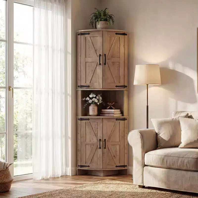 Armoire d’angle haute de 64.8 avec portes, armoire de rangement d’angle marron de style campagnard, garde-manger d’angle autoportant avec étagères réglables