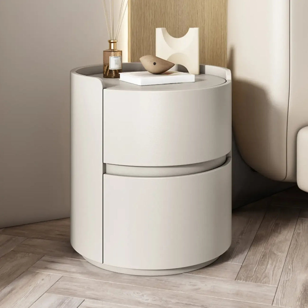 Comodino rotondo moderno con vassoio in pelle e 2 cassetti