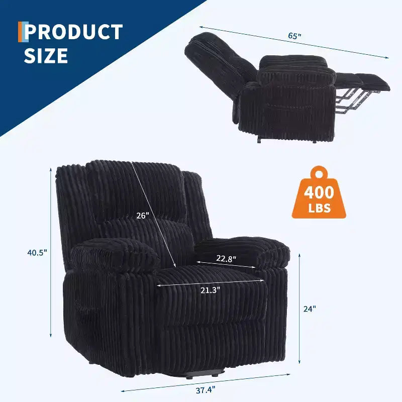 Relaxsessel aus Cord, manuell verstellbares Sofa mit Griff, Armlehnen mit Polsterauflage, dicke Polsterung, Seitentasche, Wohnzimmer, Schlafzimmer, Heimkino, Dunkelgrau