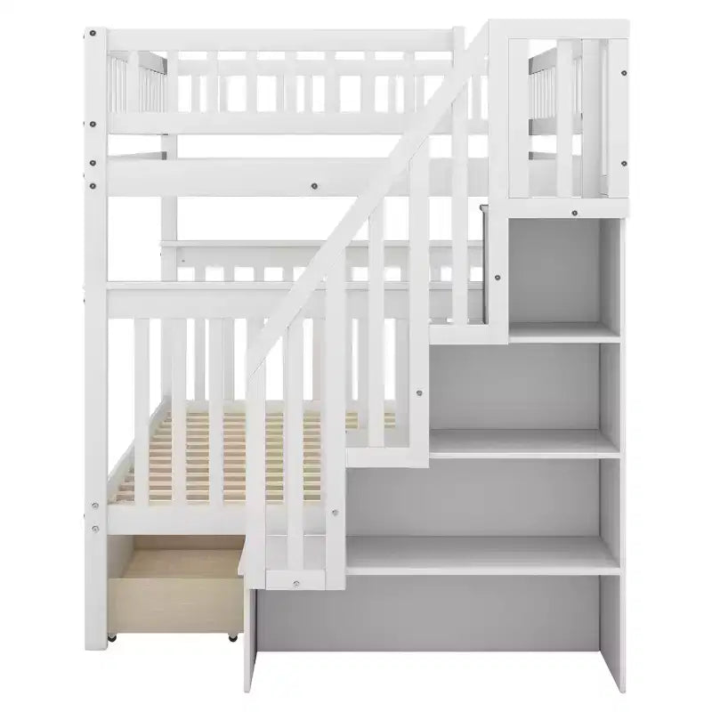 Stapelbed met twee tweepersoonsbedden, twee opberglades en opbergplanken, voor de slaapkamer van kinderen, tieners en volwassenen