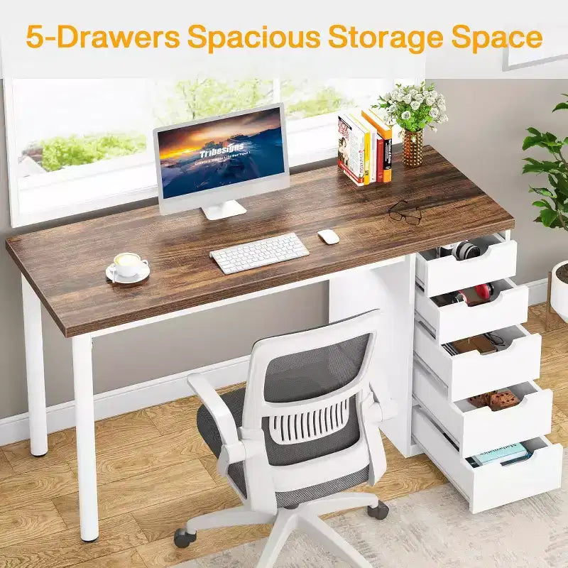 Bureau d’ordinateur Lantine avec 5 tiroirs, bureau moderne et sobre de 47 pouces pour le télétravail, les études et l’écriture, idéal pour les petits espaces