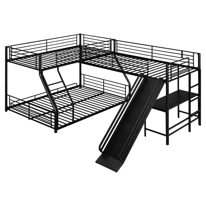 Lit superposé en métal avec lits jumeaux et grand lit, lit superposé en forme de L pour 3 enfants, lit superposé triple robuste avec bureau et toboggan, noir