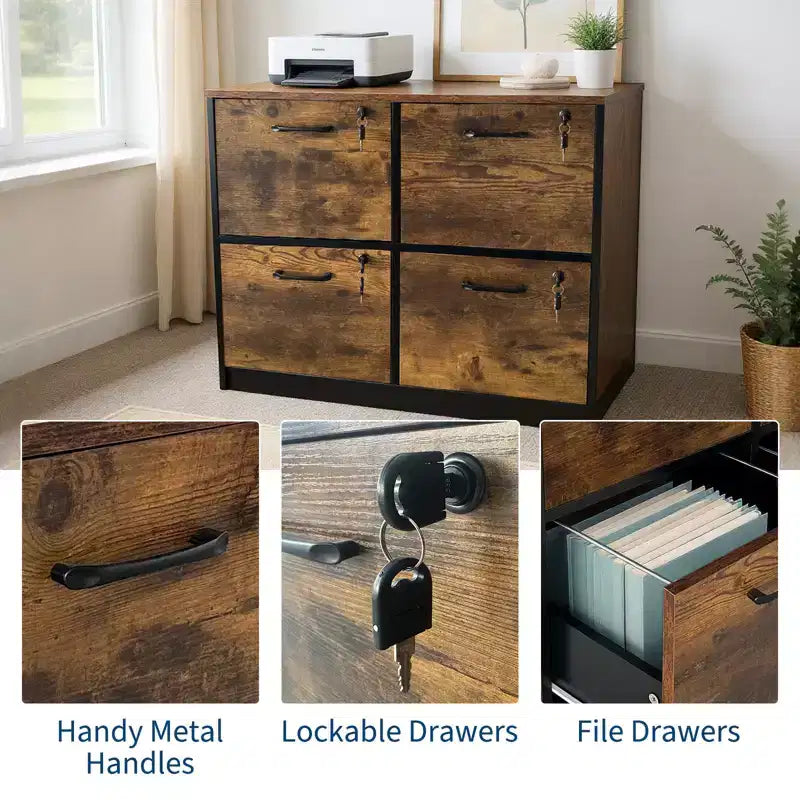 Classeur à 4 tiroirs avec serrure et support pour imprimante, meuble de classement en bois pour bureau à domicile, rangement avec rail de suspension réglable