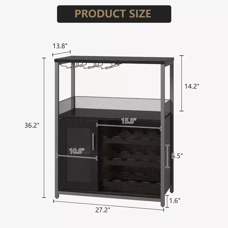 Grijze industriële wijnkast met 3 niveaus (12+ flessen) 36H x 24W x 15D, afneembaar rek, 9 glashouders en verstelbare planken voor thuis of de bar