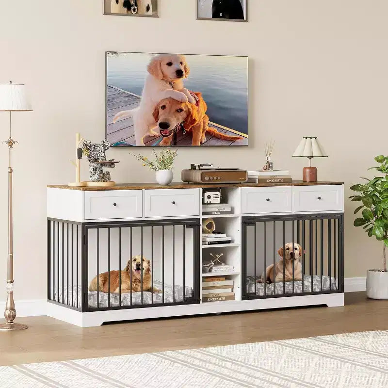 Meuble double cage pour chiens 82, grand chenil d’intérieur pour 2 chiens, cage en bois robuste faisant office de meuble TV avec 4 tiroirs et des étagères