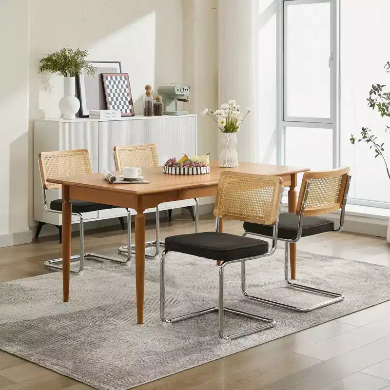 Lot de 2 chaises de salle à manger modernes avec assise en lin, dossier en rotin et piètement chromé