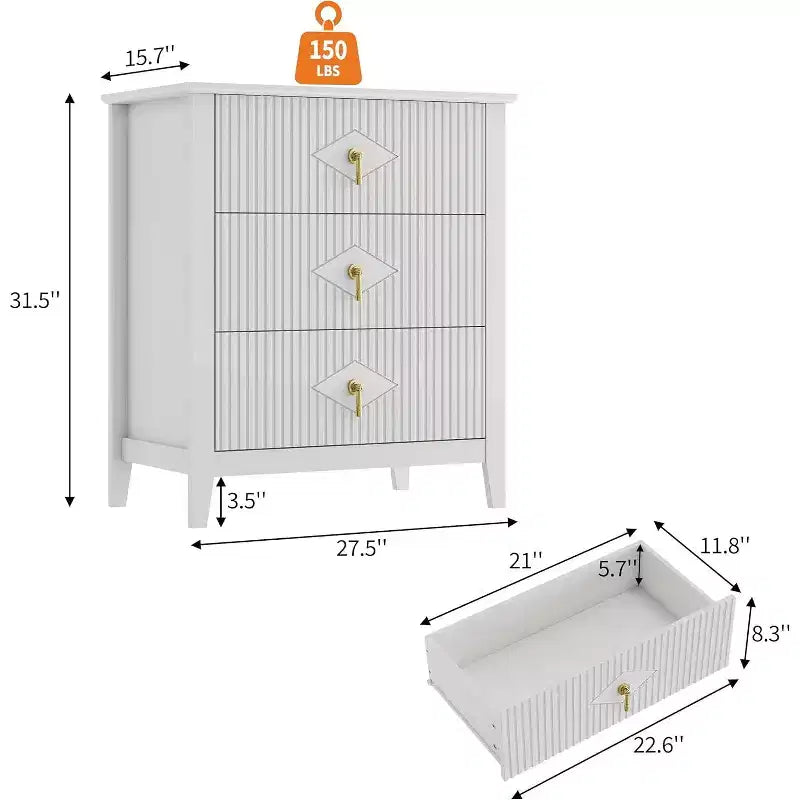 Lot de 2 tables de chevet en bois cannelé, commode de 27.5 de large à 3 tiroirs, tables de chevet modernes, commode pour chambre ou salon