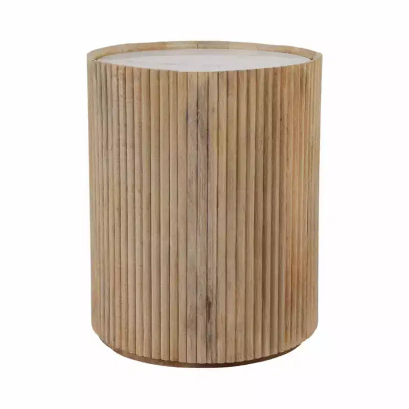 Dekorativer geriffelter Beistelltisch aus Holz mit Marmorplatte und Stauraum - kleiner Dekotisch für Schlafzimmer oder Wohnzimmer
