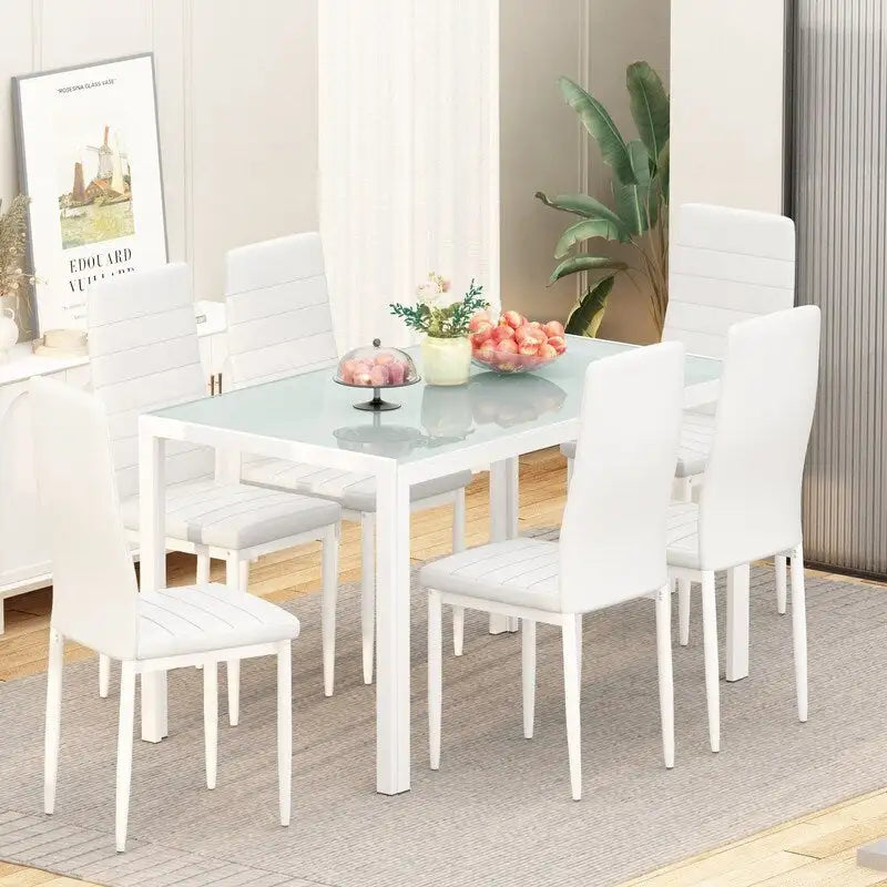 Grondin moderne 7-delige eettafelset met tafelblad van gehard glas en 6 met PU-leer beklede stoelen