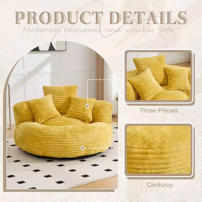 Sitzsacksofa für Erwachsene und Kinder, übergroßer Cord-Sitzsack mit 3 Kissen und Armlehnen für Wohnzimmer und Schlafzimmer - ModernLuxe