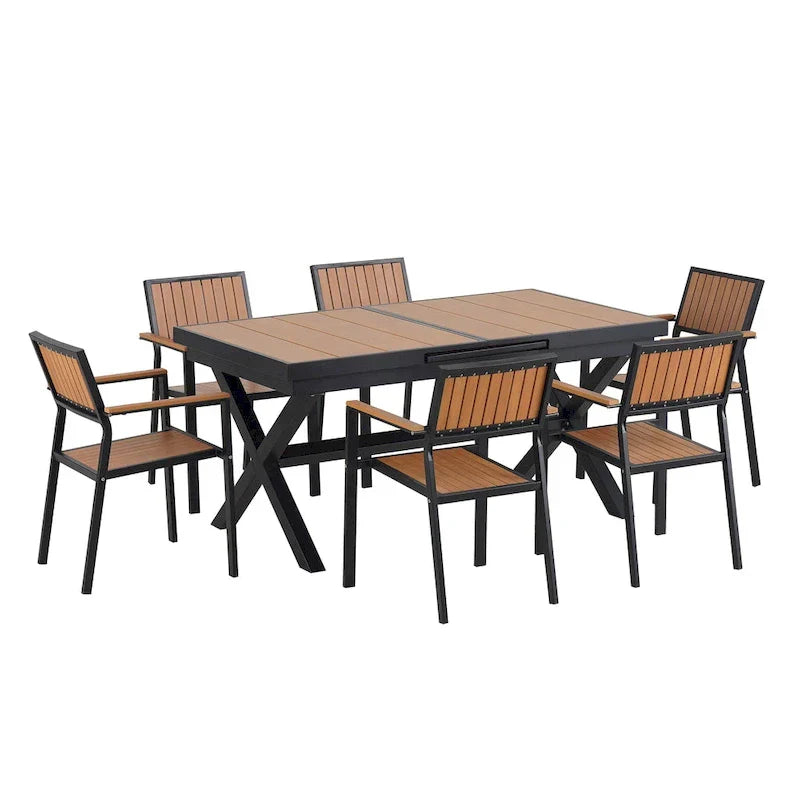 7-delige uitschuifbare eethoek voor buiten met uitschuifbare tafel en 6 stoelen met armleuningen